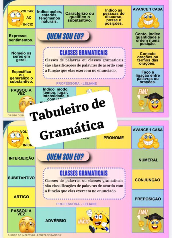 Tabuleiro pedagógico Classes Gramaticais - Ensino Fundamental